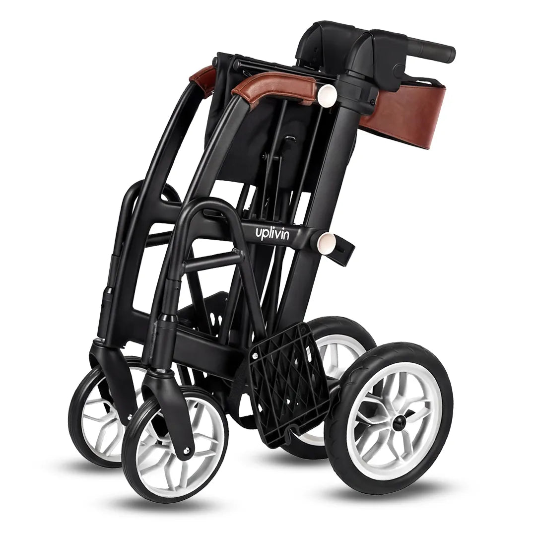 Vista del andador plegado con empuñaduras ultra soft regulables en altura del andador GLIDE para un agarre cómodo dortomedical