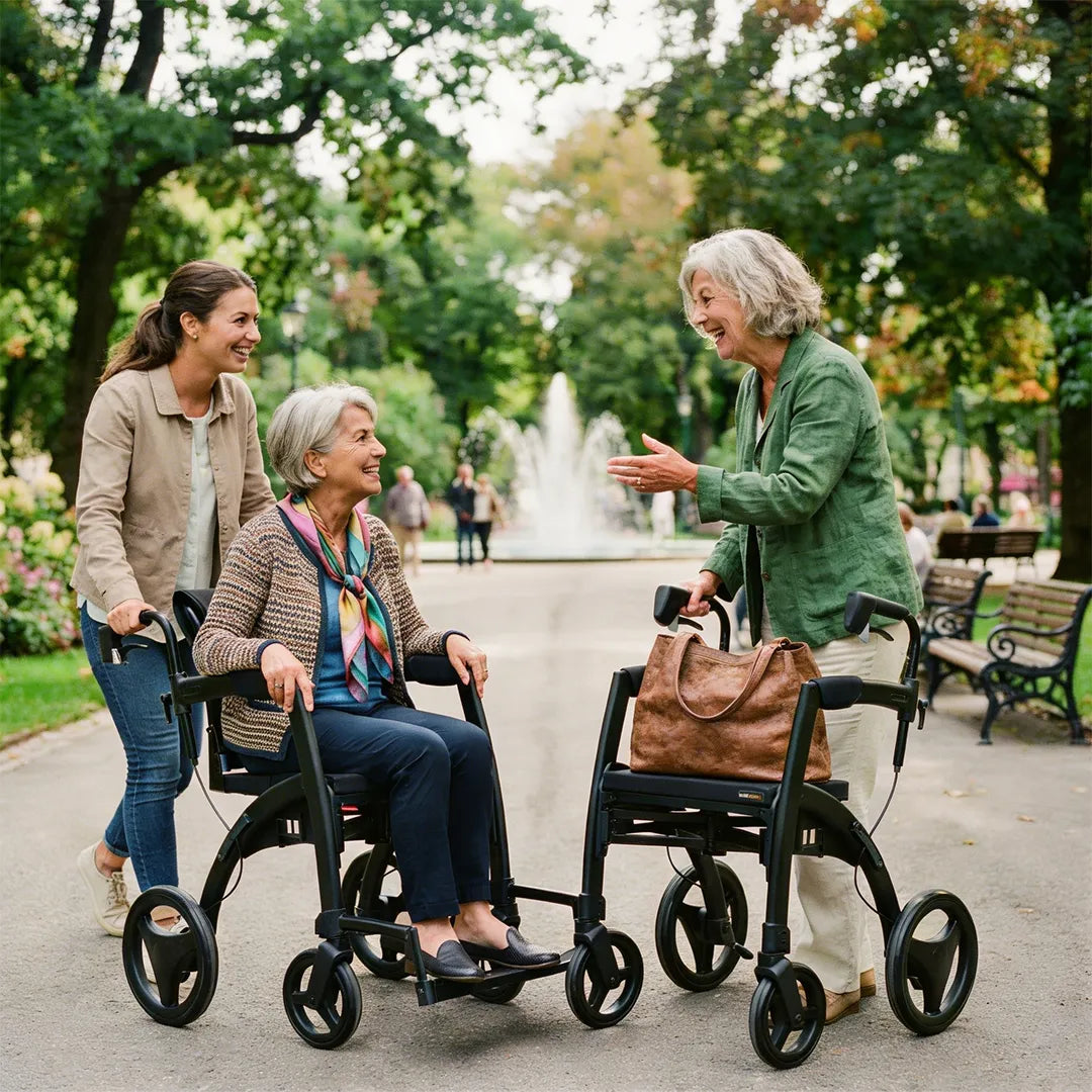 Presentación de ambas opciones para el andador para ancianos ligero con ruedas grandes de 30 cm para caminar con seguridad por la ciudad dortomedical