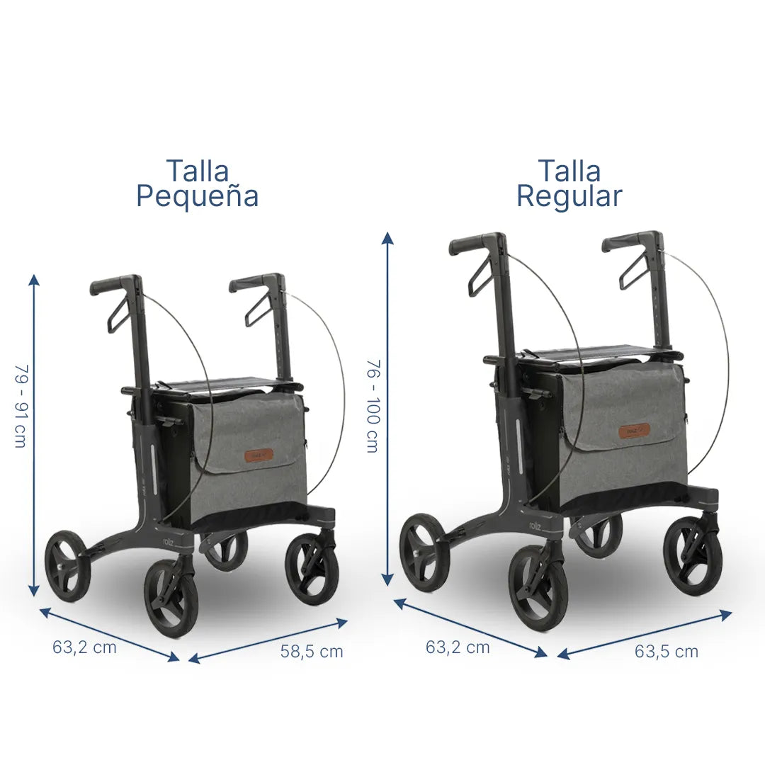 Medidas del andador plegable con diseño compacto ideal para viajar y guardar en el coche o transporte público de Dortomedical.