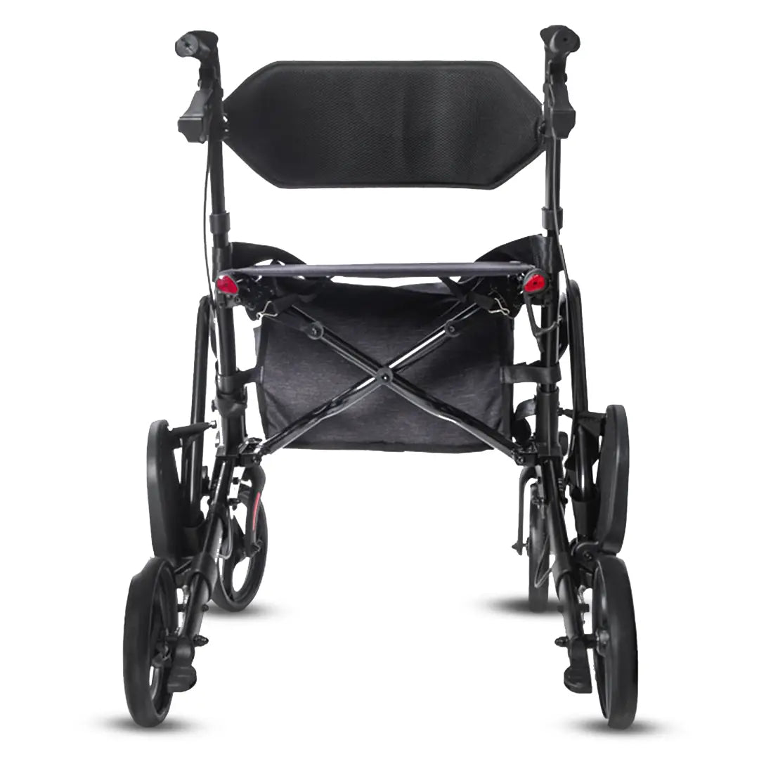 Vista trasera del andador regulable en altura con estructura de aluminio que respeta la ergonomía de la postura dortomedical