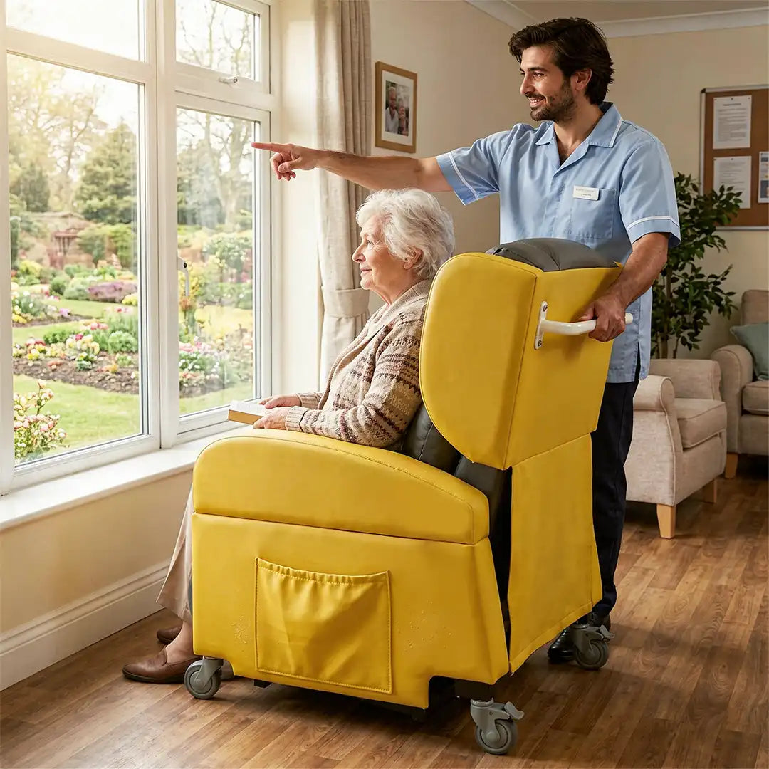 Mujer mayor en su sillón junto a un cuidador; la movilidad de las ruedas permite situar el sillón fácilmente en lugares con luz natural y vistas al exterior dortomedical