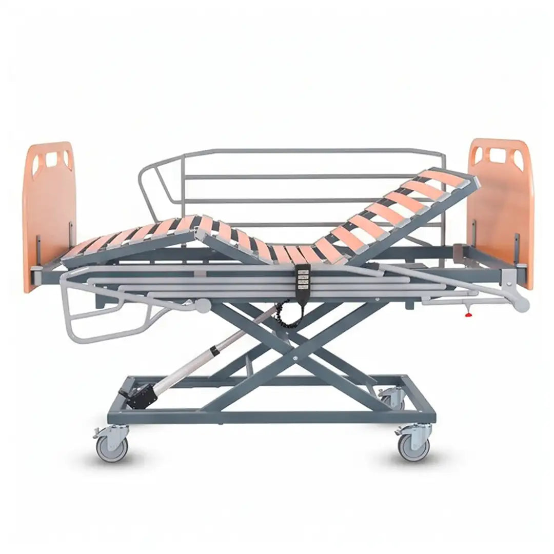 Vista lateral de la cama articulada eléctrica con esquinas redondeadas para un diseño amable dortomedical
