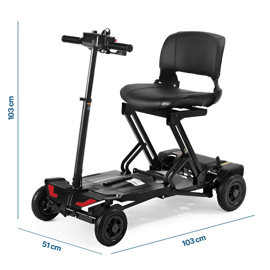 Imagen con las cotas del scooter plegable automático con luces LED desplegado dortomedical