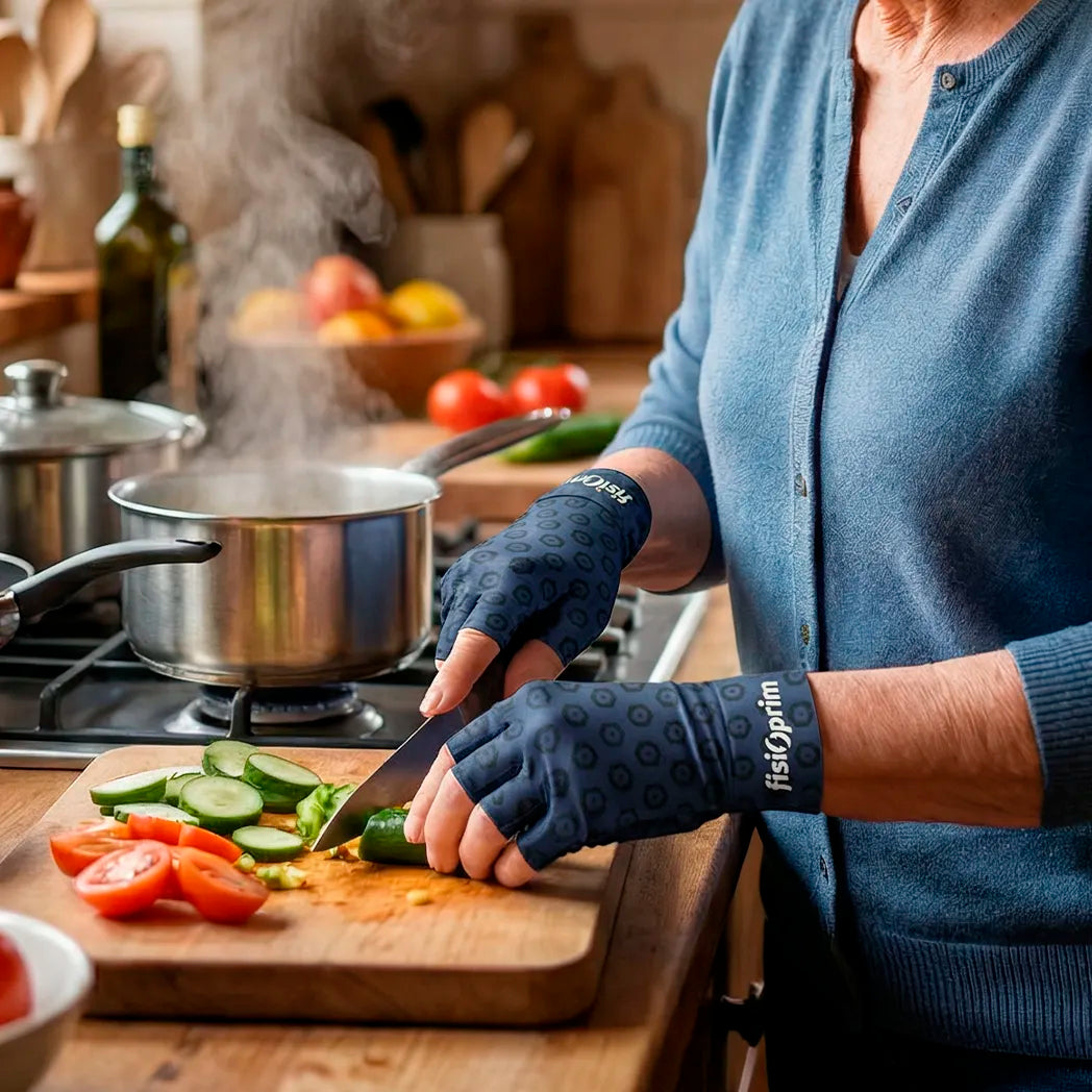 Primer plano usando los guantes de artrosis en la cocina mientras corta verduras dortomedical
