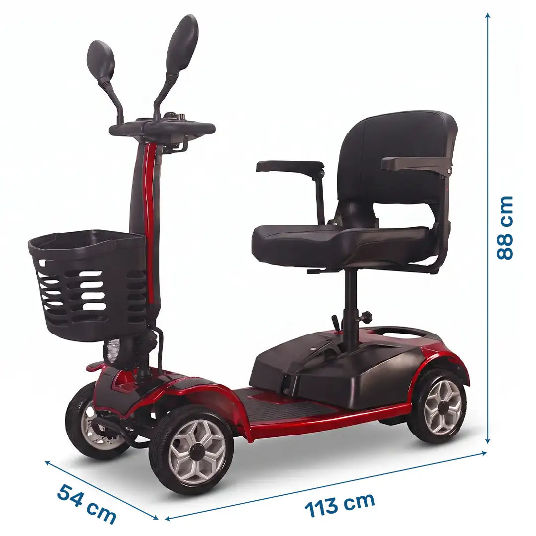 Dimensiones del scooter eléctrico de movilidad mate fabricado con materiales resistentes hasta 136 kg que ofrece estabilidad dortomedical