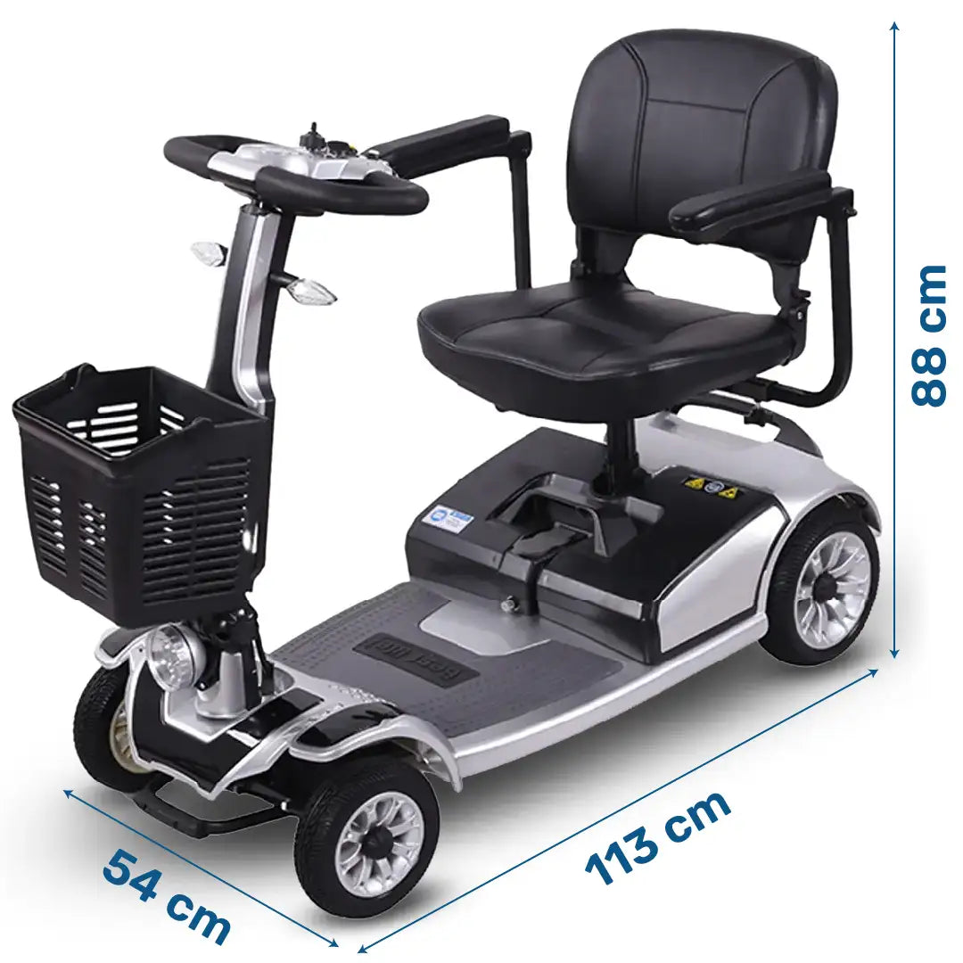 Dimensiones del scooter para discapacitados con marcha atrás y alarma sonora para realizar maniobras seguras alertando a los peatones dortomedical