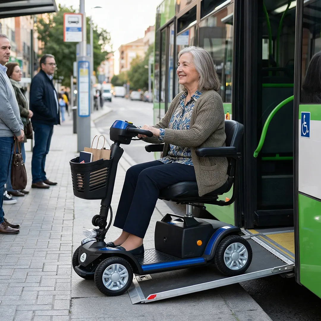 Mujer bajando de bus usando el Scooter eléctrico de 300W de potencia para una conducción suave y estable en el día a día dortomedical