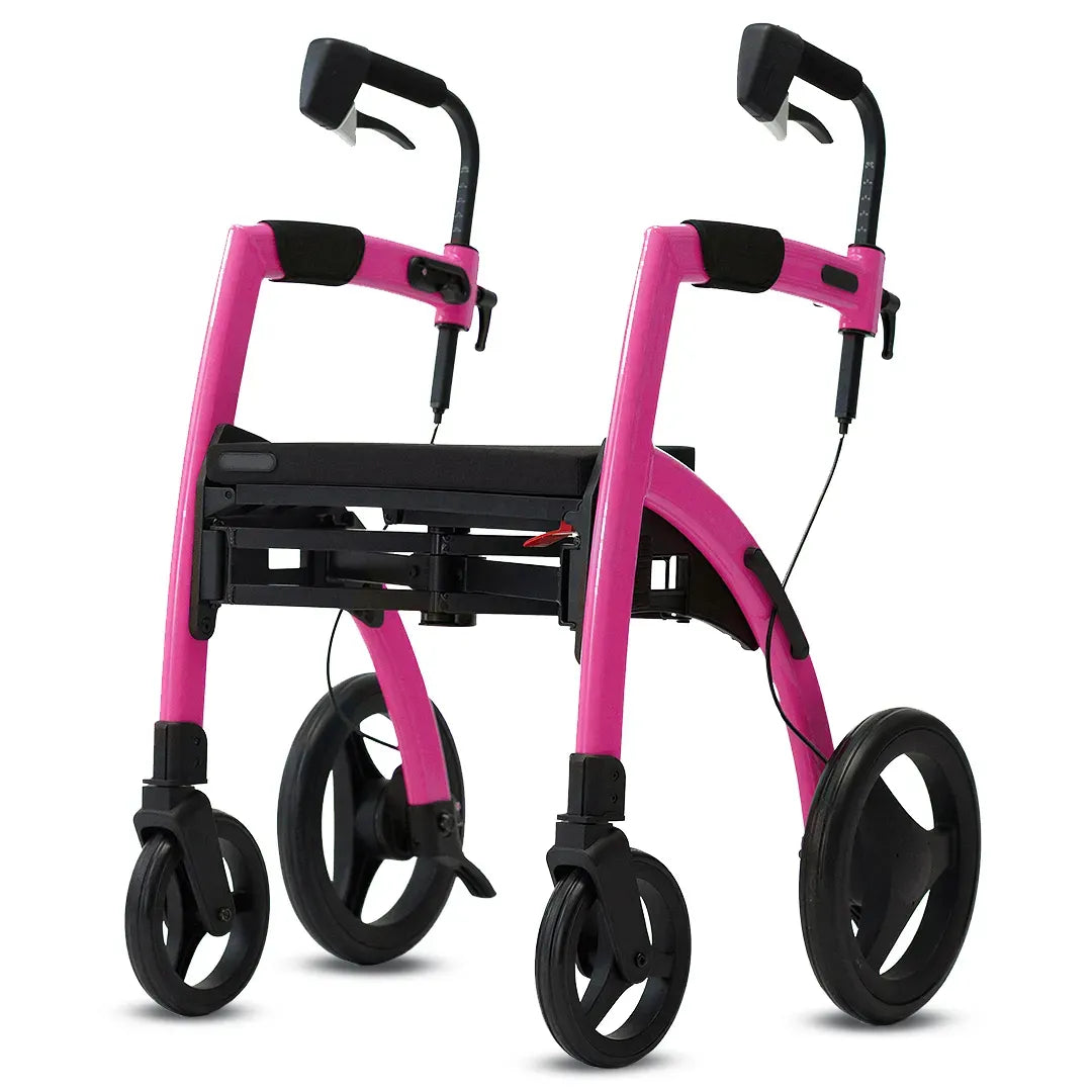 Modelo rosa del rollator de diseño premiado con estética moderna y marcha suave para una movilidad elegante dortomedical