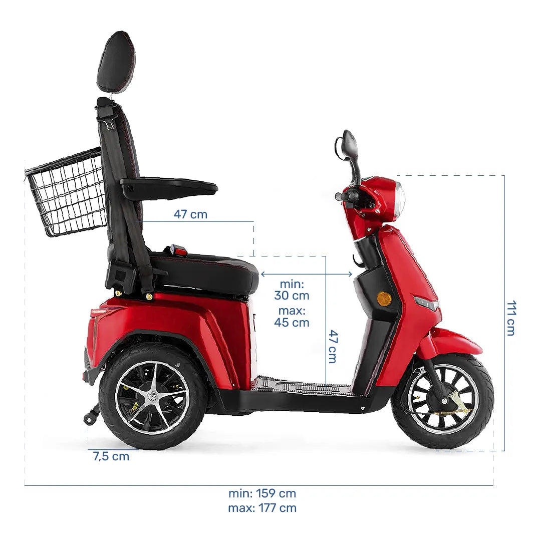 Medidas del scooter eléctrico de 4 ruedas todoterreno que aporta máxima estabilidad en cualquier superficie de Dortomedical