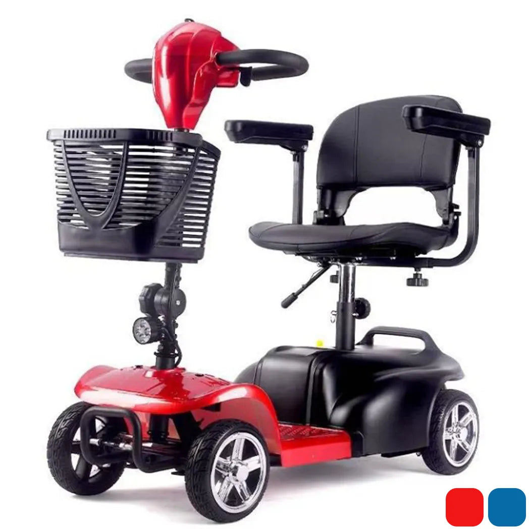 vista frontal inclinada del scooter de mayores desmontable y plegable para reducir u volumen y transportarlo y guardarlo de forma óptima y cómoda dortomedical
