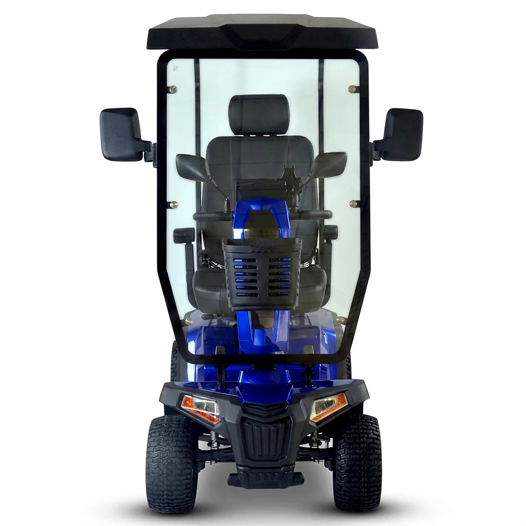 Scooter eléctrico todoterreno con capota para protegerse del sol y la lluvia durante el trayecto dortomedical