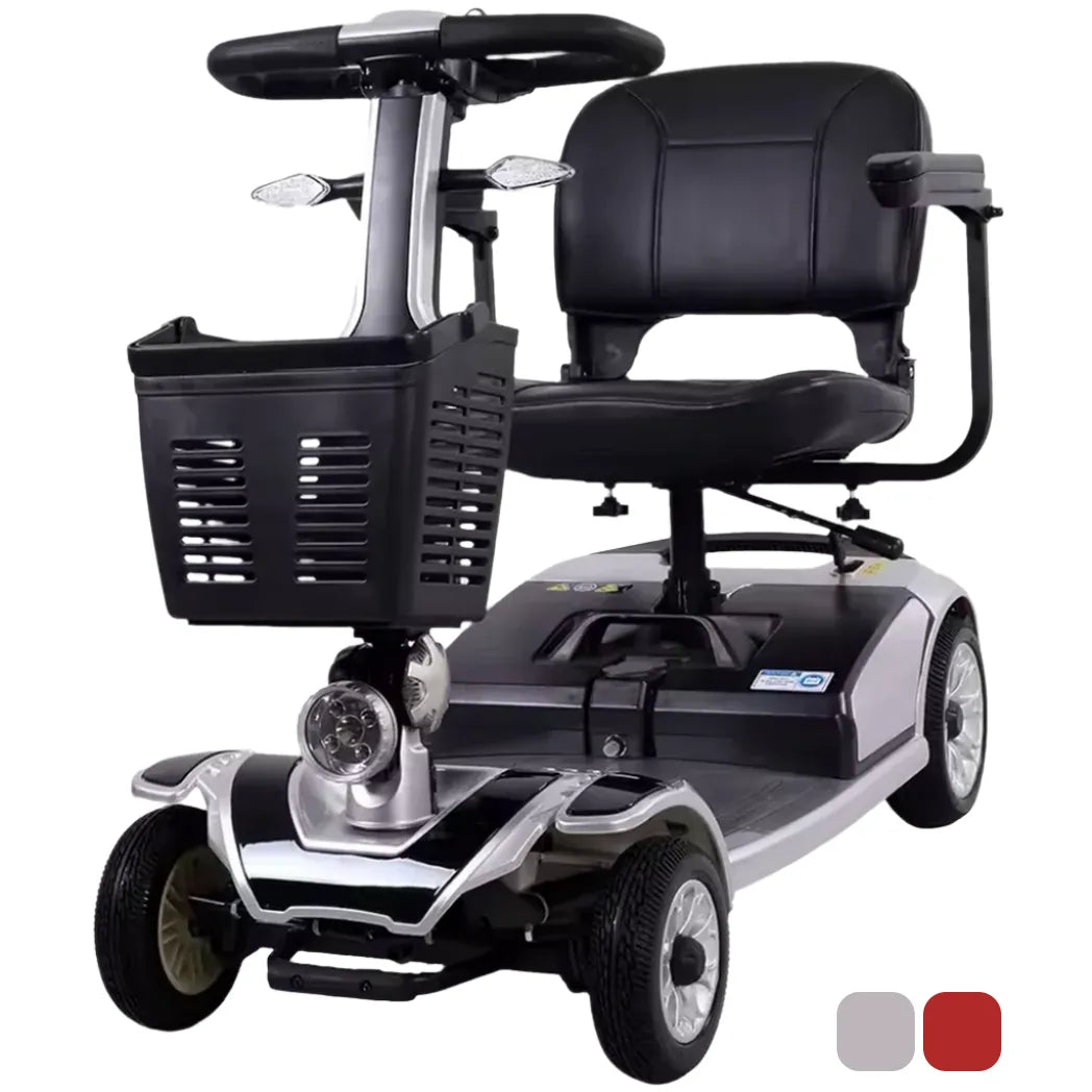 Vista frontal seminclinada del scooter de 4 ruedas mate de máxima estabilidad y conduccion segura para personas mayores dortomedical