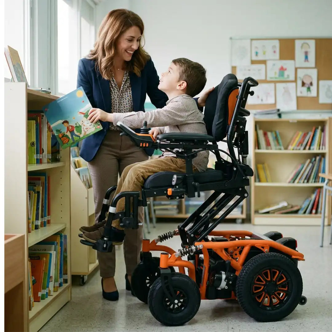 Usuario utilizando la silla de ruedas evolutiva y adaptable diseñada a medida modelo Springer dortomedical