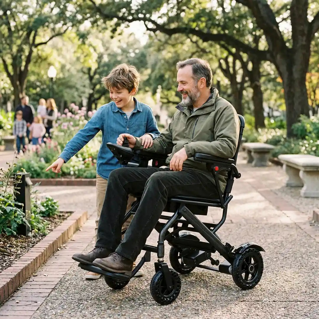 Padre e hijo disfrutando de un paseo en el parque con la silla de ruedas motorizada con formato plano plegada para un almacenamiento discreto dortomedical