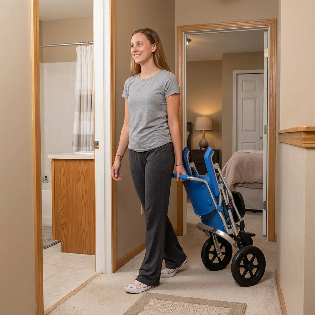 Mujer transportando la silla de ducha plegada cómodamente como una maleta trolley gracias a su diseño ligero dortomedical