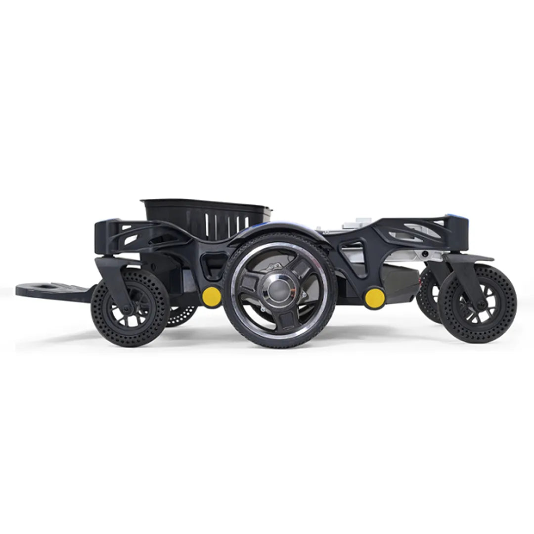 Vista plegada de la silla eléctrica con estructura desmontable rápidamente en 3 partes para facilitar el transporte y almacenamiento dortomedical