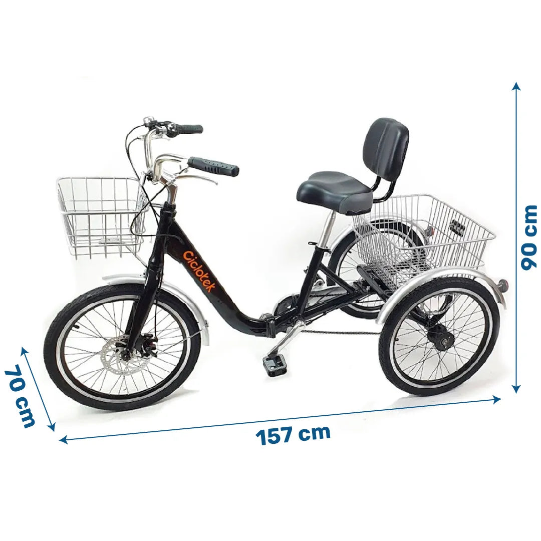 Medidas del triciclo eléctrico con motor brushless de 540W de potencia máxima para superar pendientes dortomedical