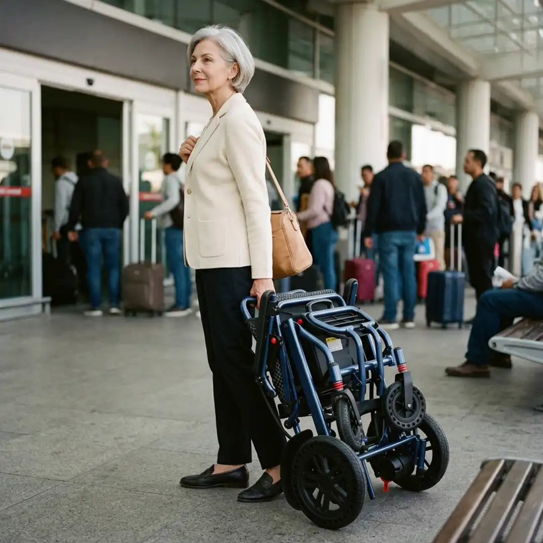 Usuaria utilizando en aeropuerto la silla de ruedas eléctrica para viaje con neumáticos macizos antipinchazos para conducción segura en terrenos irregulares dortomedical