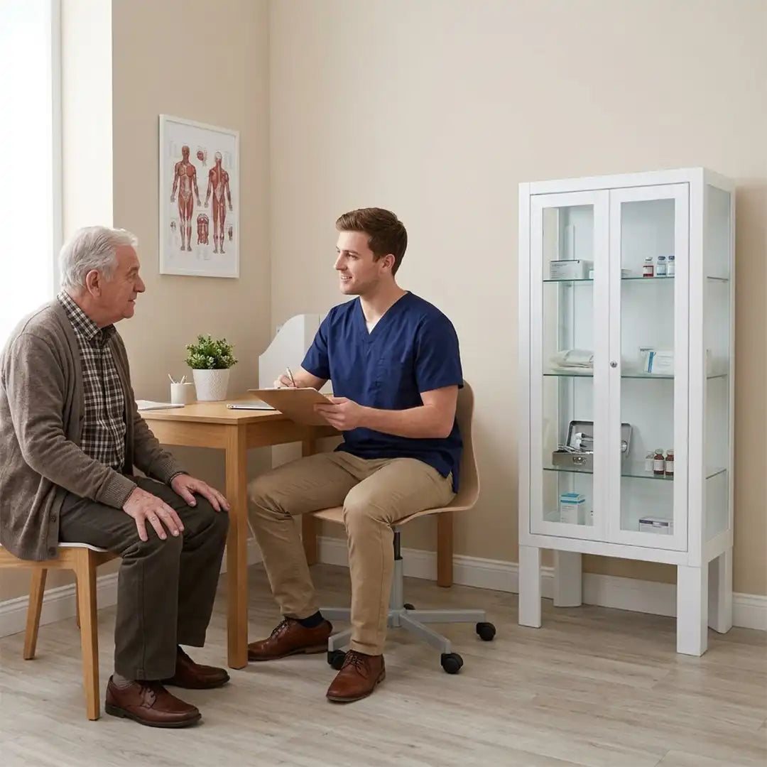 Vitrina de acero inoxidable con acabado brillo instalada en una consulta, ideal para organizar material sanitario con higiene y visibilidad dortomedical