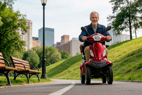 Vista de señor manejando el scooter eléctrico Faster Neo subiendo una cuesta sin dificultad gracias a la potencia de 1000W de su potente motor dortomedical
