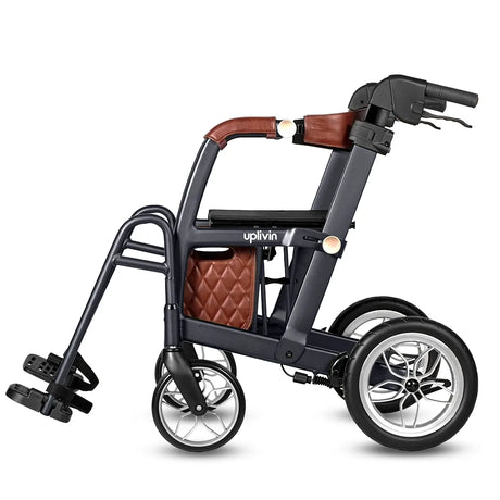 Vista lateral del andador de 4 ruedas con ruedas traseras de 30 cm para facilitar la maniobrabilidad en superficies diversas dortomedical