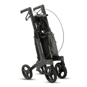 Vista plegada del andador de carbono con empuñaduras regulables en altura para caminar con la espalda erguida de Dortomedical.