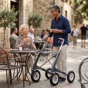 Hombre de pie junto a su andador de fibra de carbono resistente y ligero en una terraza al aire libre con una amiga dortomedical