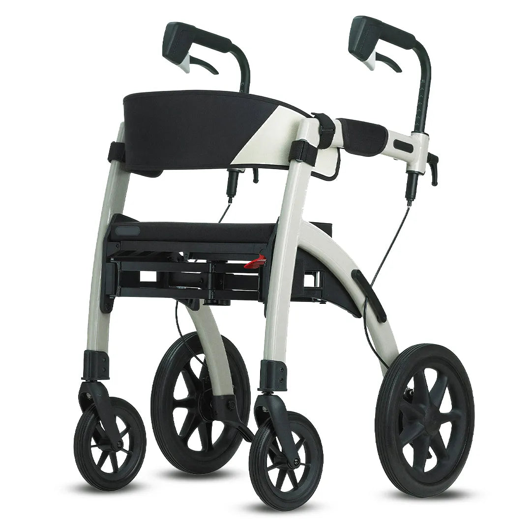 Modelo blanco del andador con frenos de seguridad y estructura reforzada que soporta hasta 125 kg con estabilidad dortomedical