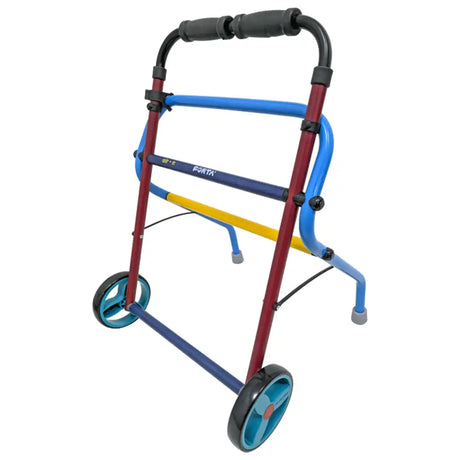Andador infantil ligero de aluminio (1,83 kg) con estructura multicolor y empuñaduras de goma en arco, ideal para los primeros pasos o rehabilitación de niños hasta 100 kg dortomedical