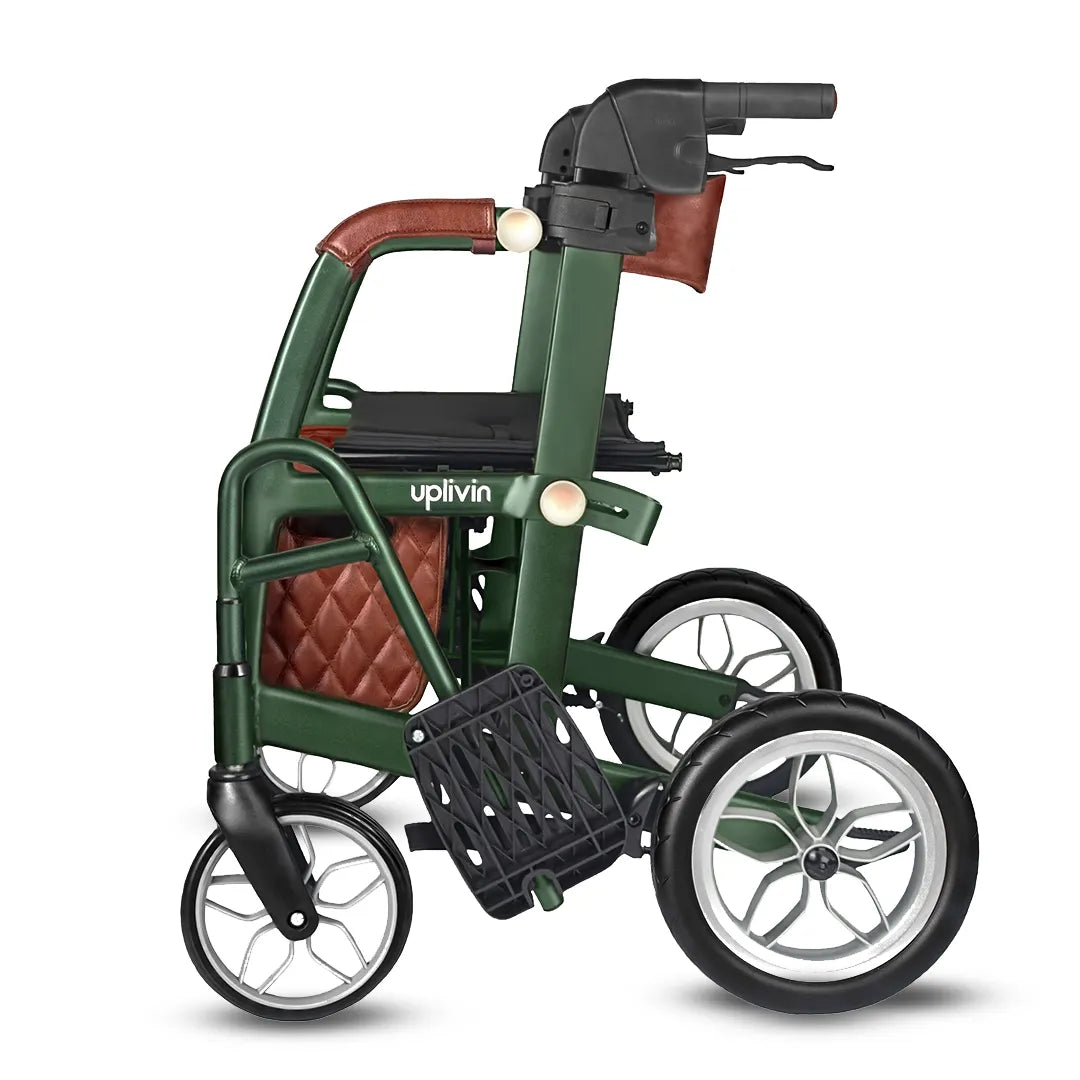 Vista lateral del andador ligero de 10,8 kg con plegado compacto para guardar en el coche o espacios reducidos dortomedical