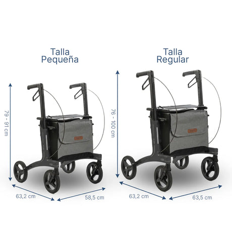 Medidas del andador plegable con diseño compacto ideal para viajar y guardar en el coche o transporte público de Dortomedical.