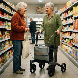 Señora comprando con andador premium compatible con bandeja para transportar objetos de forma segura dentro de casa de Dortomedical.