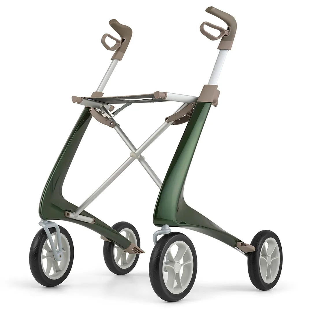 Andador de cuatro ruedas Carbon Ultralight de fibra de carbono para adultos que  destaca por su ligereza extrema (4,8 kg) y diseño moderno, ideal para la movilidad diaria.
