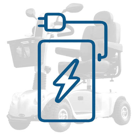 Icono de batería sobre imagen de scooter eléctrico grand classe de libercar dortomedical