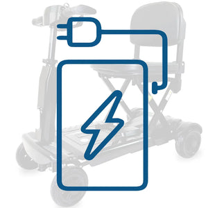 Vista de icono de batería de litio sobre imagen de scooter eléctrico plegable para personas mayores dortomedical