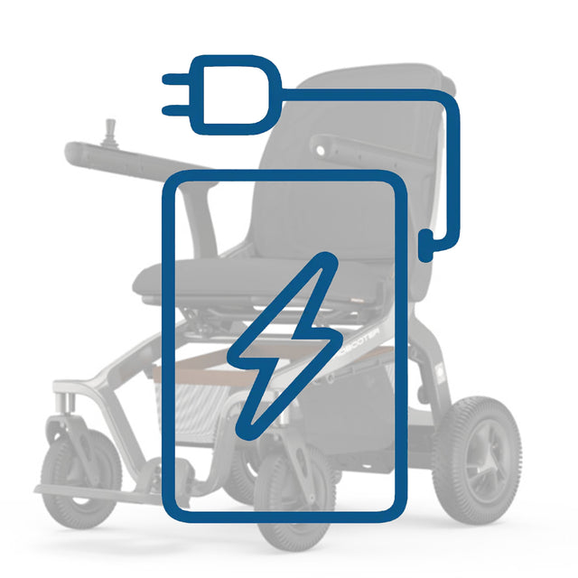 vista de icono de batería sobre imagen sombreada de la silla eléctrica inteligente y moderna dortomedical