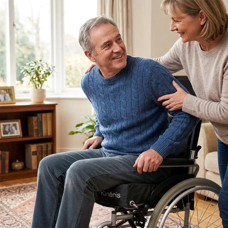 Usuario utilizando el cojín para silla de ruedas antiescaras con doble compartimento de aire para mayor estabilidad postural y alineación dortomedical