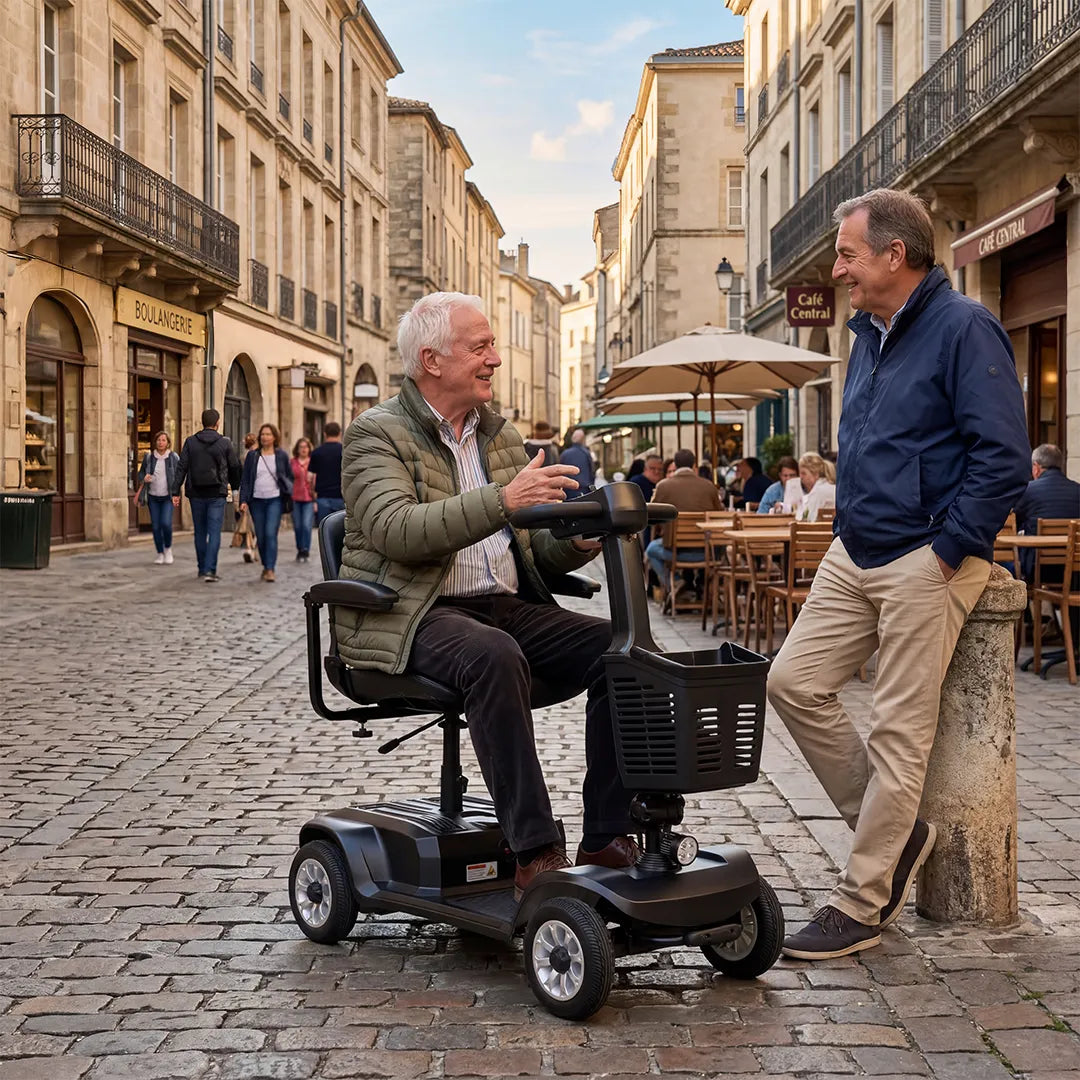 Hombre mayor conversando en una calle adoquinada de la ciudad, sentado en su scooter eléctrico con manillar tipo delta ergonómico que reduce la fatiga en las manos dortomedical
