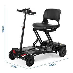 Imagen con las cotas del scooter plegable automático con luces LED desplegado dortomedical