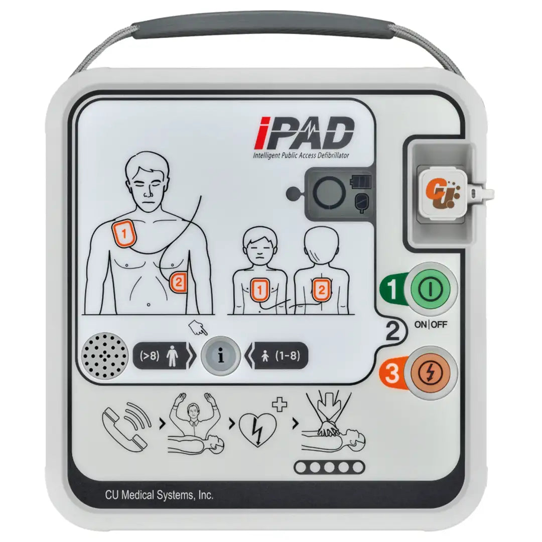 Panel frontal del DEA iPAD CU-SPR con pantalla LCD de estado, botón de cambio modo adulto e infantil, e ilustraciones iluminadas para guiar la reanimación paso a paso dortomedical