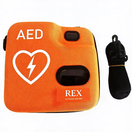 Equipo DESA en su funda de transporte abierta, mostrando la protección del dispositivo y el acceso inmediato a los electrodos universales pregelificados dortomedical