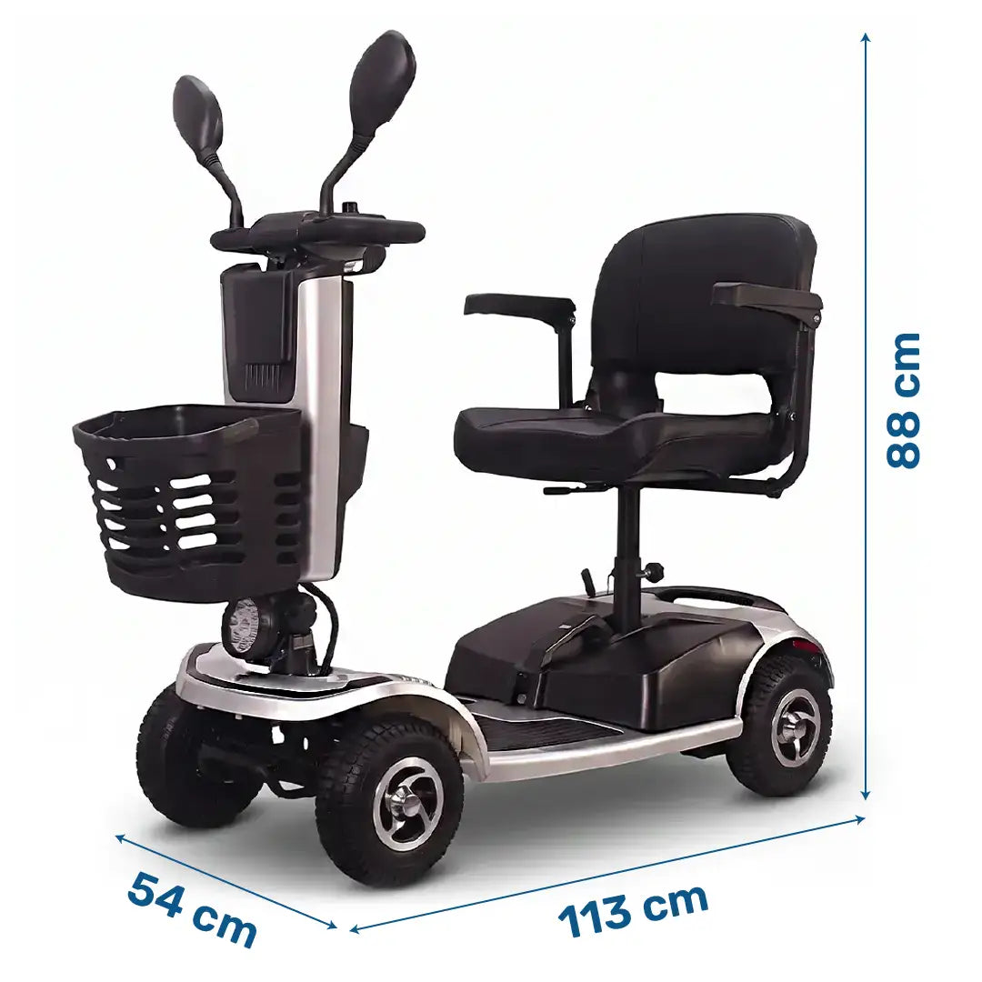 Dimensiones del scooter eléctrico Mate Pro que ofrece una autonomía de hasta 35 km dortomedical