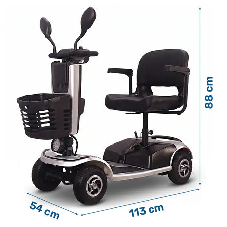 Dimensiones del scooter eléctrico Mate Pro que ofrece una autonomía de hasta 35 km dortomedical