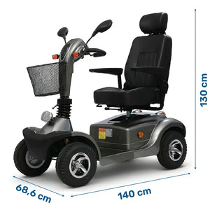 Dimensiones del Scooter eléctrico de movilidad con ruedas neumáticas de gran diámetro para una mayor estabilidad dortomedical