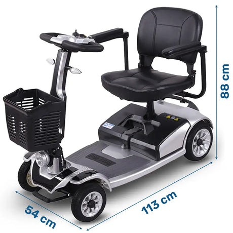 Dimensiones del scooter para discapacitados con marcha atrás y alarma sonora para realizar maniobras seguras alertando a los peatones dortomedical