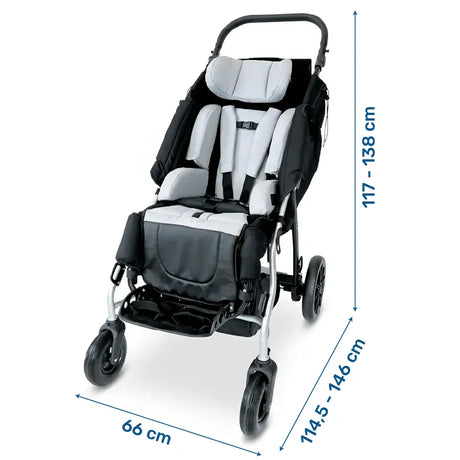 Dimensiones de la silla de paseo ortopédica infantil con firmeza de respaldo ajustable según usuario dortomedical