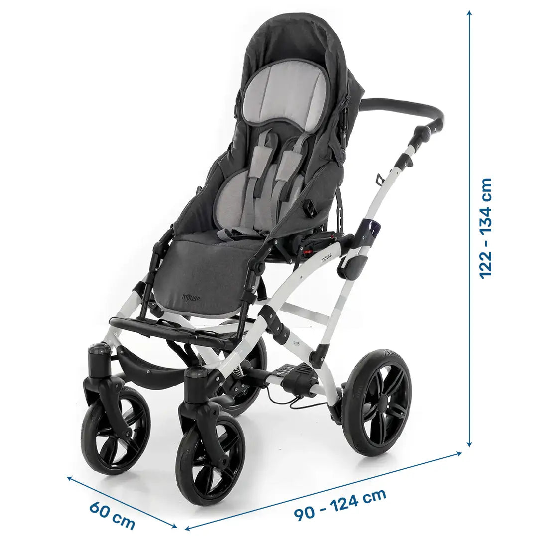 Dimensiones de la silla PCI infantil con pedal de elevación que facilita superar pequeños obstáculos durante el paseo dortomedical