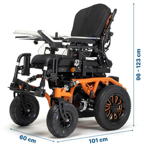 Dimensiones de la silla de ruedas motorizada Springer con altura total regulable hasta 1230 mm dortomedical