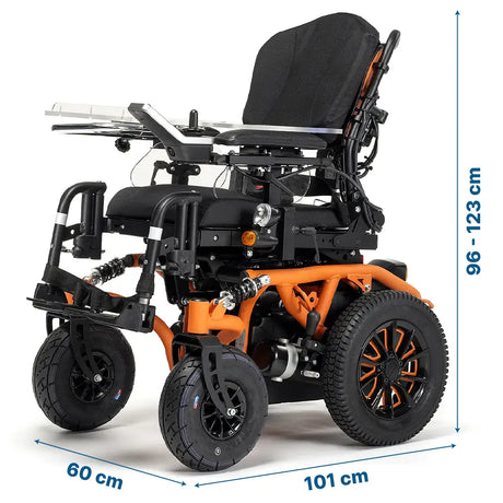 Dimensiones de la silla de ruedas motorizada Springer con altura total regulable hasta 1230 mm dortomedical