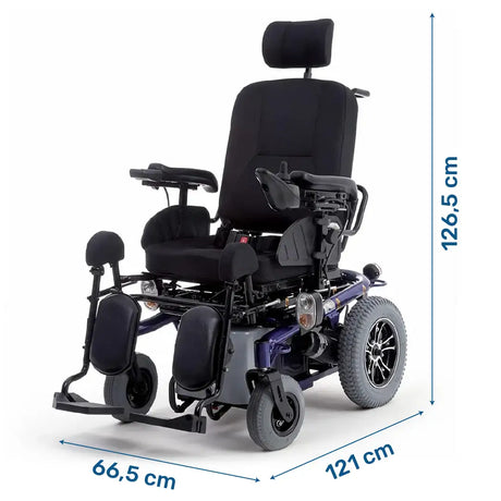 Dimensiones de la silla de ruedas eléctrica con freno electromagnético que frena la silla de forma segura al soltar el joystick dortomedical